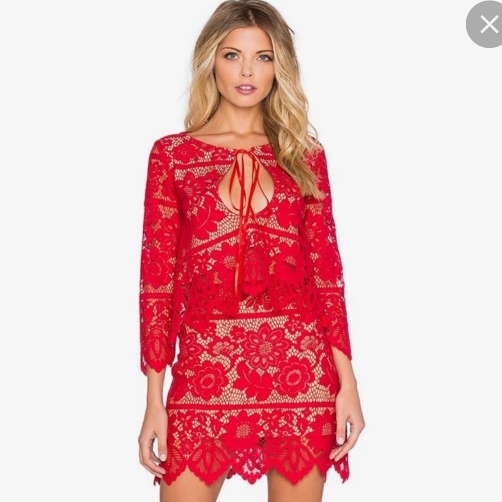 Like new SET For love and lemons red Gianna skirt and top SET lace mini